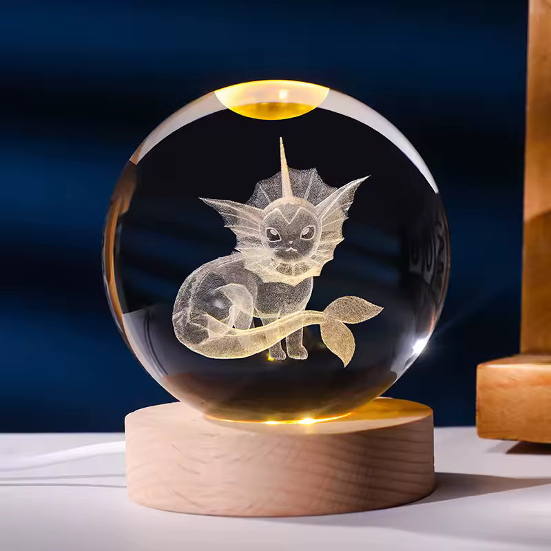 Pokéball Aquali en cristal K9 gravé au laser, socle LED en bois