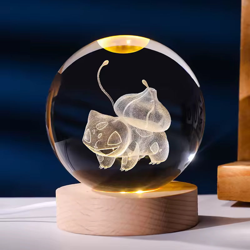 Pokéball Bulbizarre en cristal K9 gravé au laser, socle LED en bois