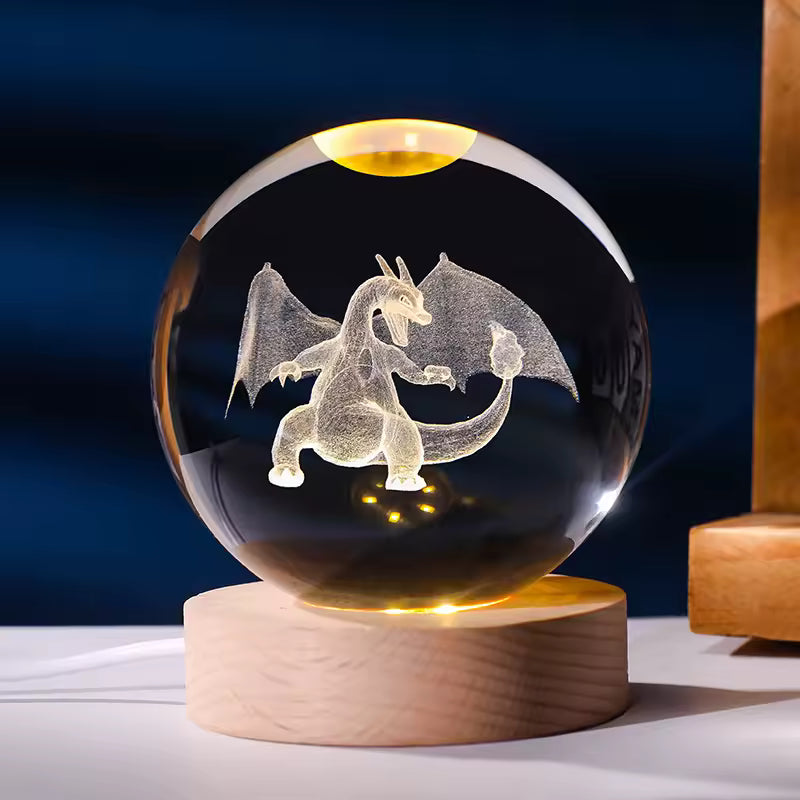 Pokéball Dracaufeu en cristal K9 gravé au laser, socle LED en bois
