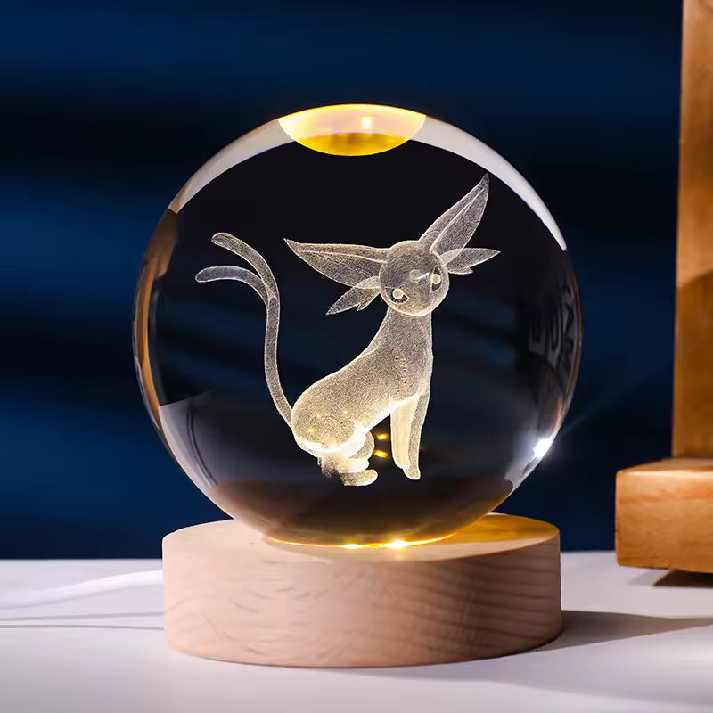 Pokéball Mentali en cristal K9 gravé au laser, socle LED en bois