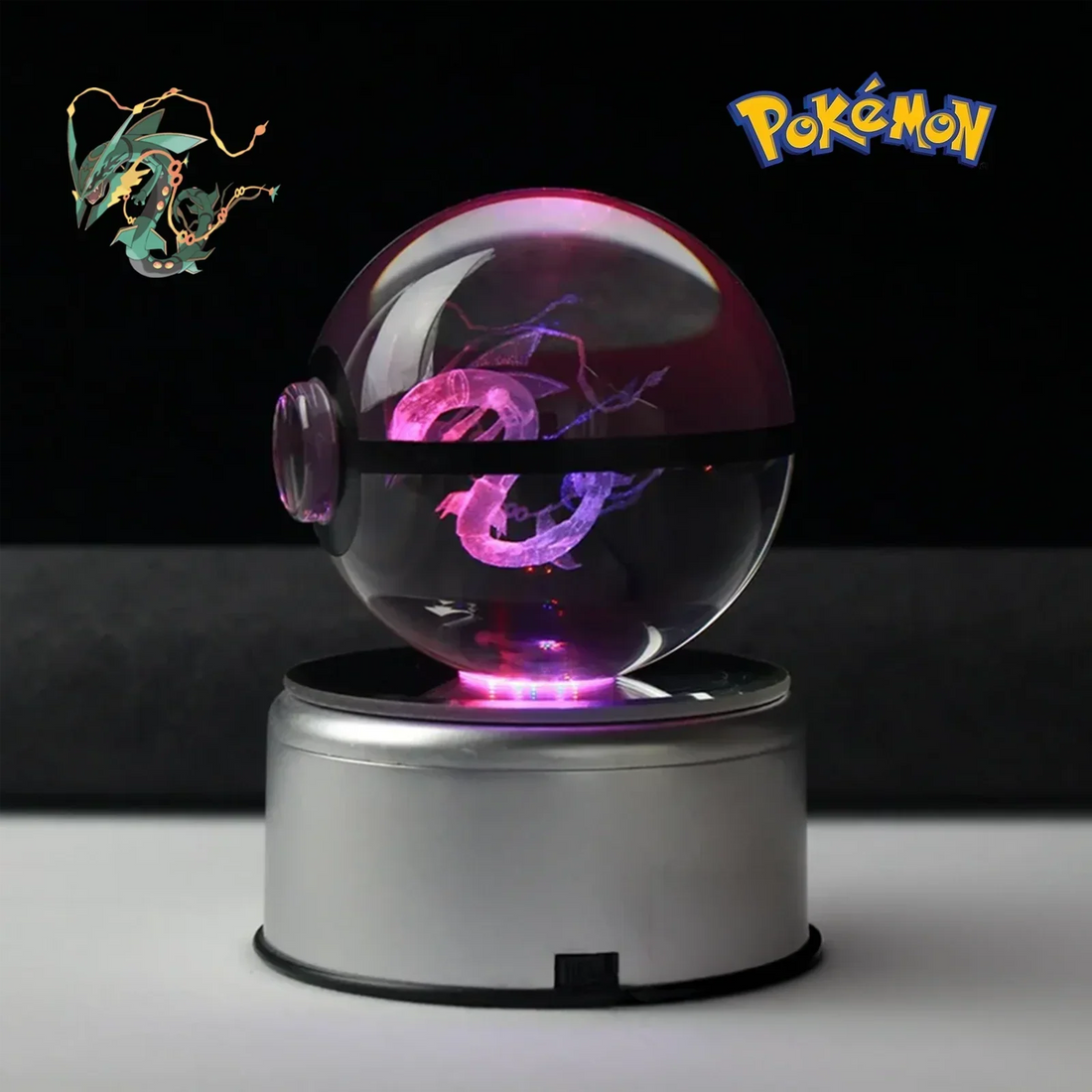 Pokéball Rayquaza en cristal K9 gravé au laser, socle LED