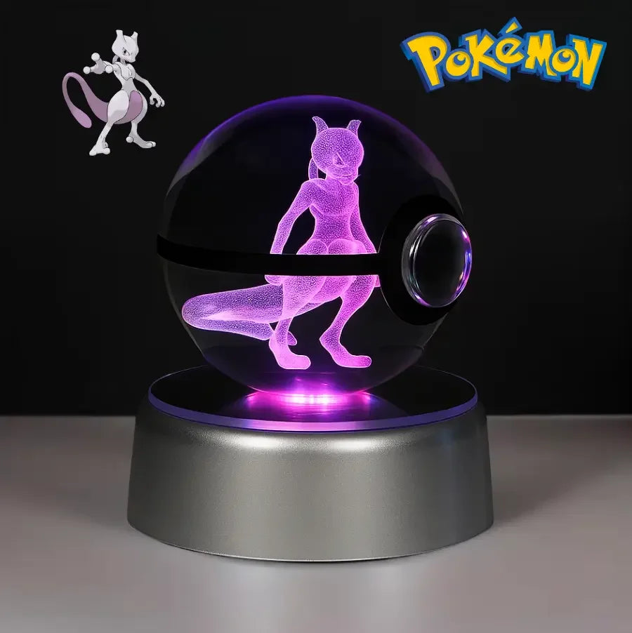 Pokéball Mewtwo en cristal K9 gravé au laser, socle LED