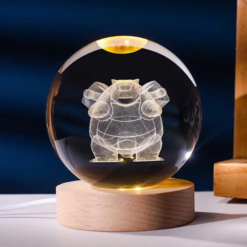 Pokéball Tortank en cristal K9 gravé au laser, socle LED en bois