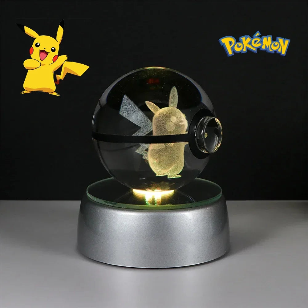 Pokéball Pikachu en cristal K9 gravé au laser, socle LED